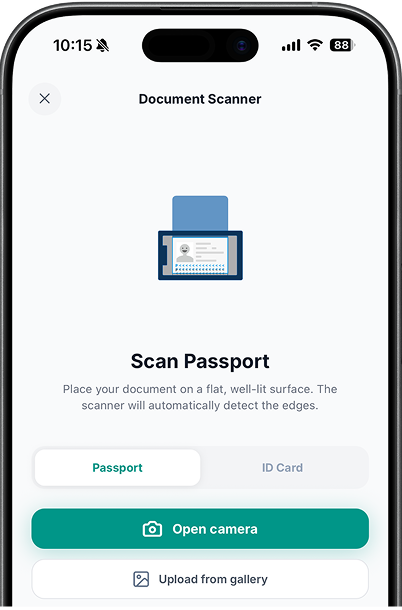 The app's document scanning screen